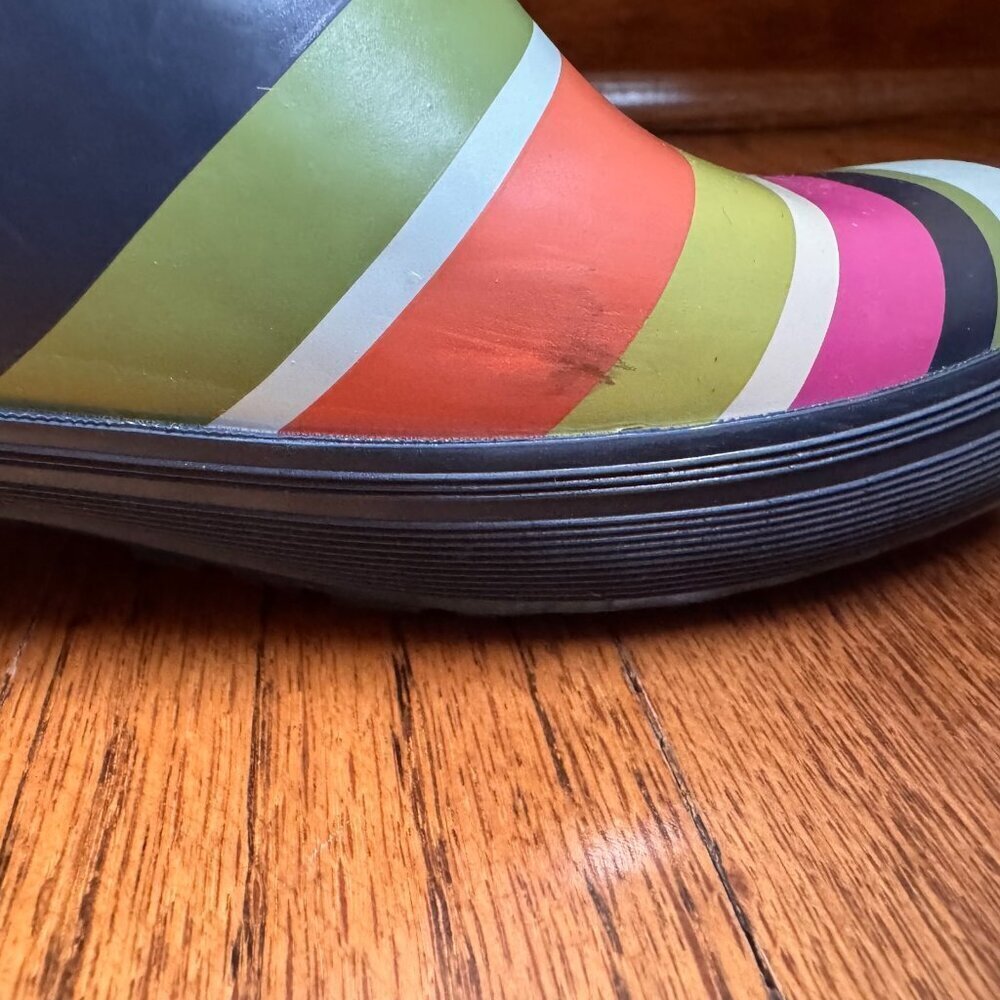 COACH Womens Pammie Rain Boots Size 6B Colorful Stripes Rubber Mid Calf Slip On - Picture 6 of 10